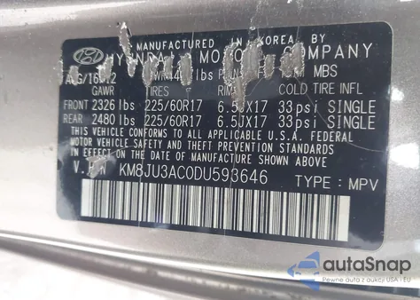 2013 Hyundai Tucson Gls из США, поврежденный, VIN KM8JU3AC0DU593646